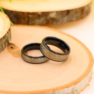 Black Tungsten Wedding Ring, Silver Hammered Inlay Band, Men&#39;s And Women&#39;s Engagement Ring, Unique Anniversary Ring, Couple Promise Band