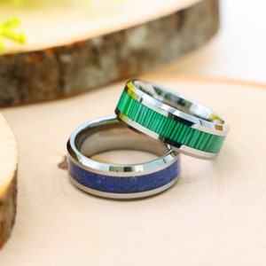 Silver Tungsten Band With Lapis Lazuli Inlay Faux Green Ring, Womens Wedding Band, Promise Ring Mens Wedding Ring, Engraved Ring for Couples