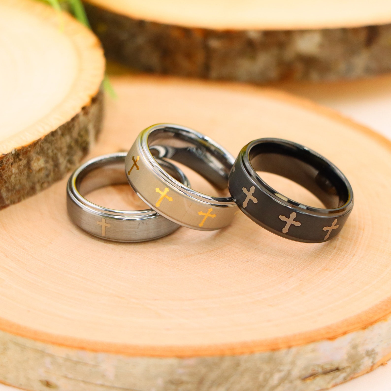 Gray Tungsten Ring, Mens Cross Wedding Band, Cross Ring Black Tungsten
