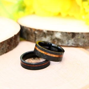 Black Tungsten Wedding Band With Hammered Finish And Unique Wood Inlay, Engagement Rings, Wooden Ring, Promise Ring, Matching Rings
