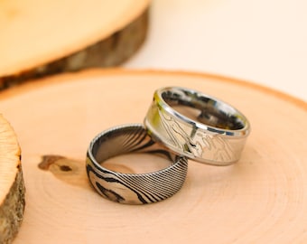 Damascus Steel Ring, Black Tungsten Wedding Band, Hammered Textured Ring, Engagement Ring, Mens Jewelry, Anniversary Gift, Christmas Gift