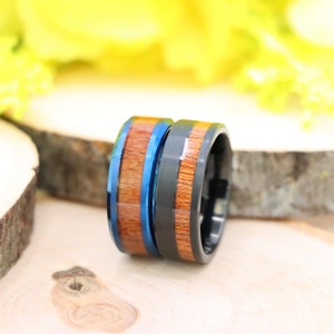 Black Tungsten Ring, Hawaiian Koa Wood Inlay, Abalone Shell Wedding Band, 8mm Comfort Fit Ring, Nature Inspired Ring, Unique Gift for Him