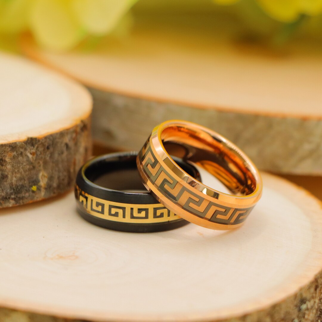 Yellow Gold Greek Key Ring for Men, 8mm Tungsten Wedding Band, Ancient ...