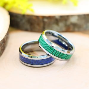 Women’s Promise Ring And Men’s Wedding Band, Green Silver Tungsten Ring With Lapis Lazuli Inlay, Engraved Promise Ring, Custom Gift For Him