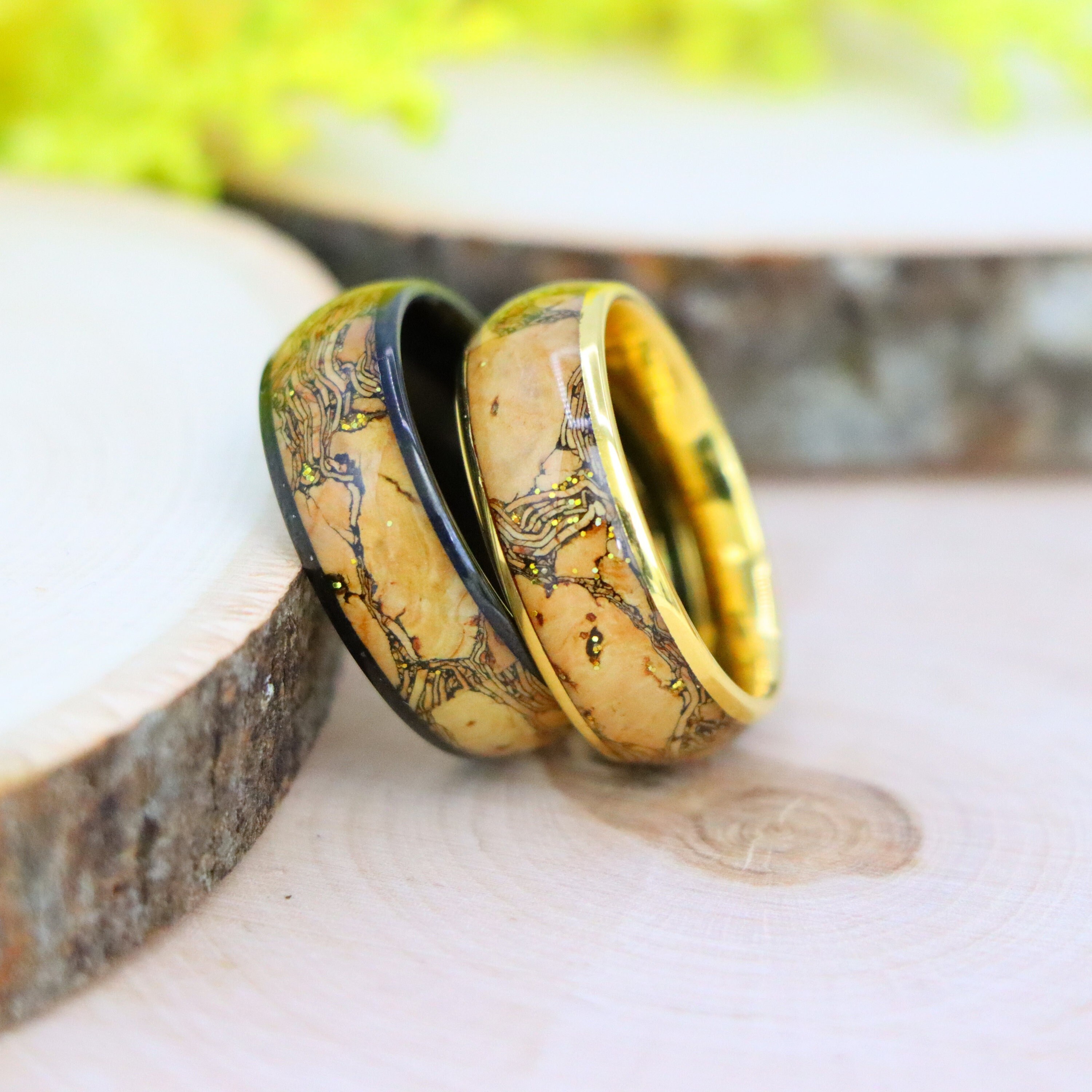 Tungsten Cork Inlay Ring, Yellow Gold Ring, 8mm Men Women Wedding Bands ...