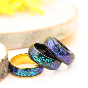 Gold Tungsten Engagement Ring, Black Tungsten Band with Blue Opal & Abalone Fragment Inlay, 8mm Men’s Unique Wedding Ring, Anniversary Gift
