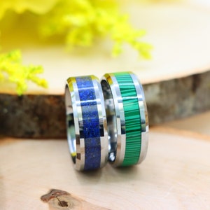 Women&#39;s Promise Ring, Men&#39;s Wedding Band, Faux Green Wedding Ring, Silver Tungsten Ring With Lapis Lazuli Inlay, Engraved Anniversary Band