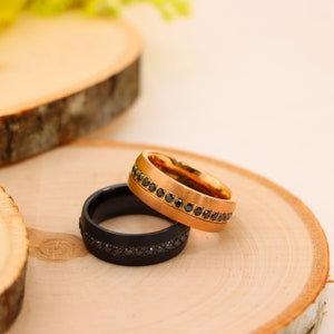 Black Sapphire Wedding Band Rose Gold Tungsten Ring, Men&#39;s Engagement Ring, Custom Jewelry, Gift For Him, Anniversary Gift, Durable Ring