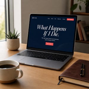 May include: A laptop displaying a website with the text "What Happens If I Die." on a wooden desk. A coffee mug, a succulent plant in a pot, and a leather-bound notebook with a pen are also on the desk. The website's call to action button says "Get Started."