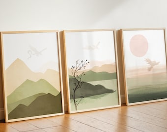 Minimalistic Legendary Pokemon Art Set of 3 Prints - Green - Moltres, Articuno and Zapdos, Simple Subtle Design, Green Nursery