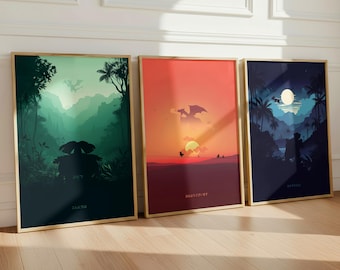 Pokemon Scenery Poster Set of 3 Prints - Charizard, Blastoise, Venusaur - Subtle Minimalistic Design