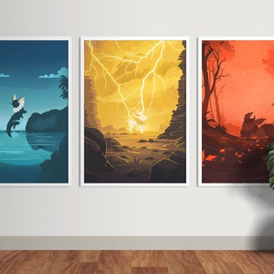 May include: Three framed illustrations of a fictional creature in different environments. The first shows the creature jumping out of the water in a blue and green landscape. The second shows the creature in a yellow and orange landscape with lightning strikes. The third shows the creature in a red and orange forest.