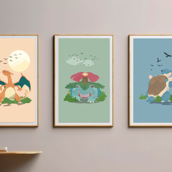 Unique set of 3 Pokemon posters - Digitale Print - Charizard, Venusaur and Blastoise - Printable Art - Pokemon Interior Wall Design - Decor