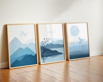 Minimalistic Legendary Pokemon Art Set of 3 Prints - Blue - Moltres, Articuno and Zapdos, Simple Subtle Design, Blue Nursery