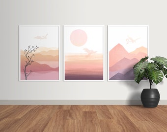 Set of 3 Watercolor Mountain Prints, Abstract Landscape Wall Art, Boho Home Decor