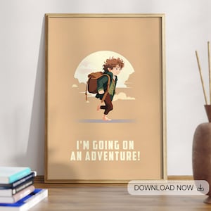 May include: A digital illustration of a cartoon character with a backpack walking towards a sunset. The text "I'm going on an adventure!" is below the character.