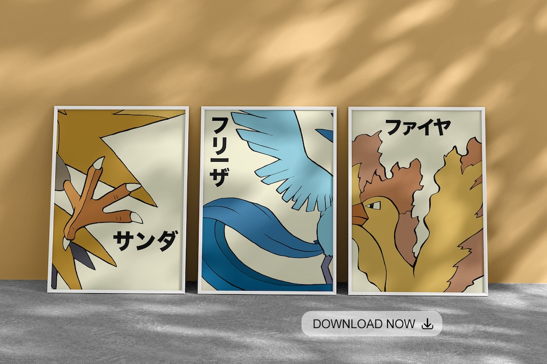 Japanese Pokemon Poster Set Zapdos Articuno Moltres Fanart Digital