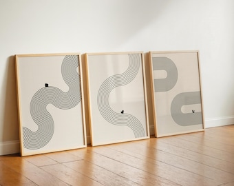 Abstract Minimalistic Lines Pokemon Set of 3 Prints - Charmander, Squirtle and Bulbasaur, Modern Black & White Bauhaus Art