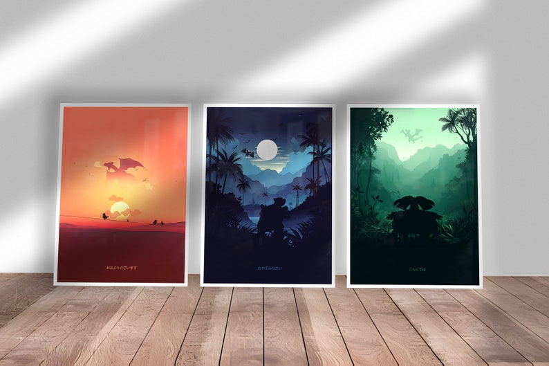 Pokemon Movie Poster Set of 3 - Colourful Scenery Prints, Charizard, Blastoise, Venusaur, Original Art, Digital Download, Wall Decor