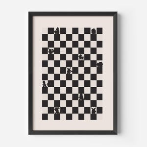 May include: Black framed art print featuring a black and white checkered pattern with various black silhouette figures. The artwork has a cream-colored background and is a unique decorative piece.
