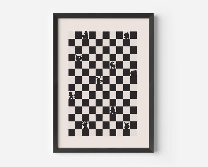 May include: Black framed art print featuring a black and white checkered pattern with various black silhouette figures. The artwork has a cream-colored background and is a unique decorative piece.