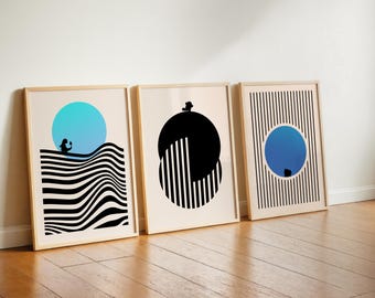Abstract Pokemon Blue Bauhaus Lines Art Set of 3 - Charmander, Squirtle and Bulbasaur, 151 Pokemon, Black and Beige