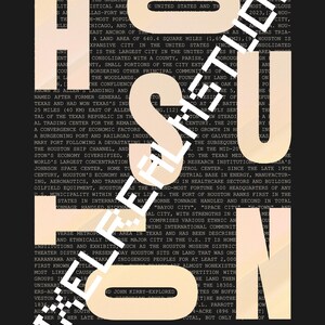 Peut inclure: Un design graphique beige avec le mot "Houston" en grandes lettres audacieuses. Le design pr&eacute;sente une carte stylis&eacute;e de la ville avec du texte d&eacute;crivant son histoire, sa culture et son &eacute;conomie.