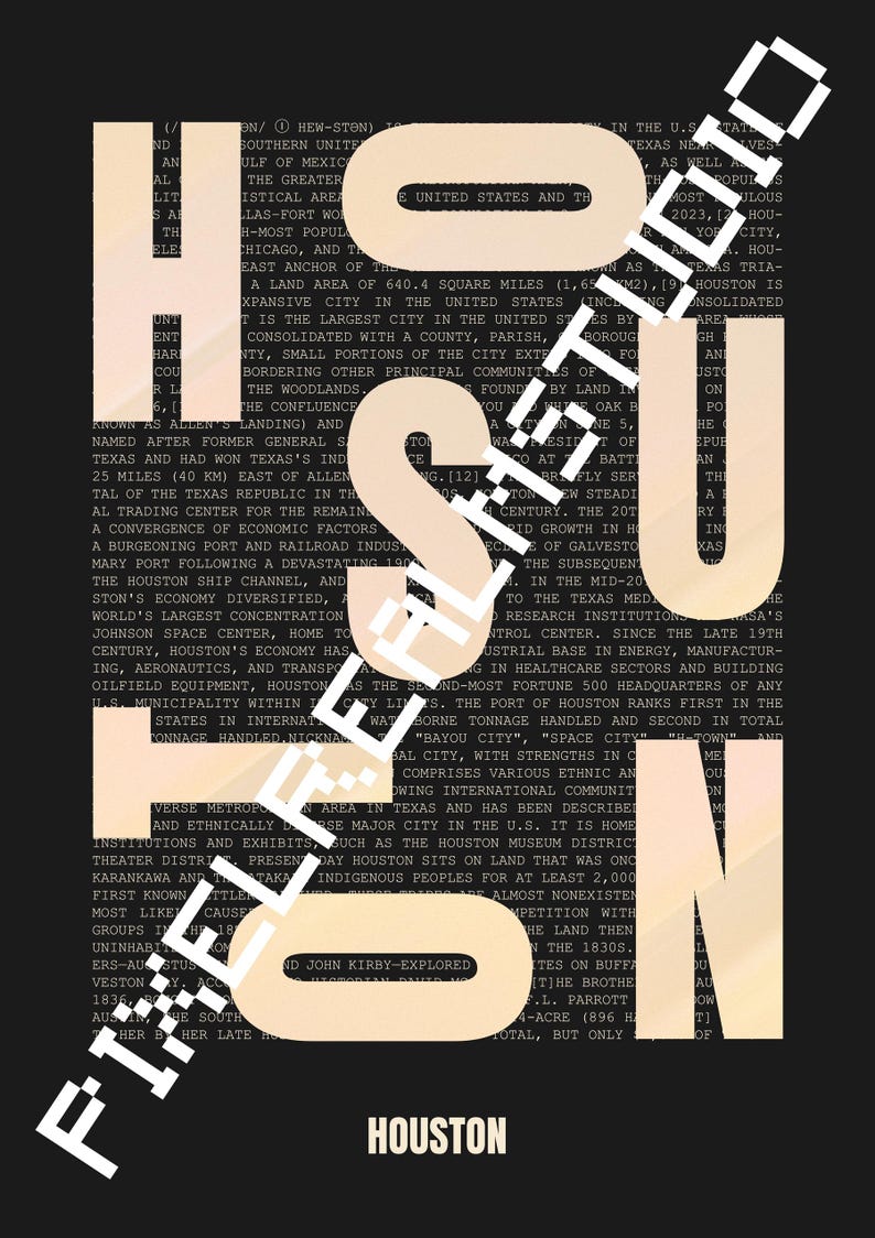 Peut inclure: Un design graphique beige avec le mot "Houston" en grandes lettres audacieuses. Le design pr&eacute;sente une carte stylis&eacute;e de la ville avec du texte d&eacute;crivant son histoire, sa culture et son &eacute;conomie.