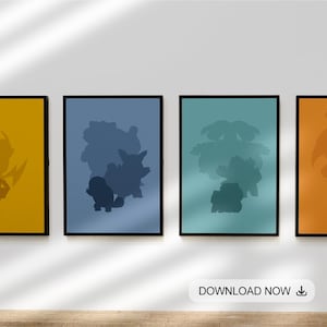 May include: Four framed prints featuring silhouettes of Pokemon characters. The prints are in yellow, blue, green, and orange.