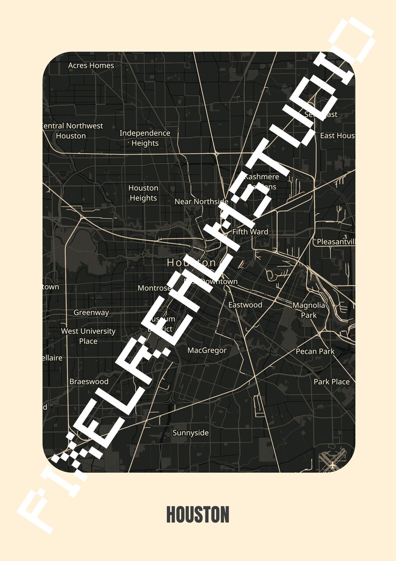 Peut inclure: Une carte en noir et blanc de Houston, Texas, avec les noms des quartiers indiqu&eacute;s. La carte est entour&eacute;e d'une bordure blanche et le mot "HOUSTON" est imprim&eacute; sous la carte.