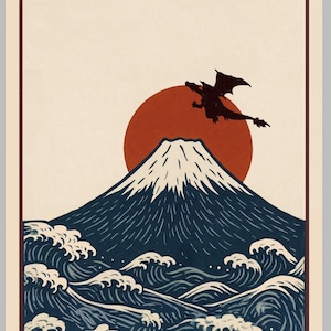 May include: A rectangular art print featuring a dark blue mountain with a snow-capped peak, set against a large solid red sun. In the foreground, stylized dark blue ocean waves with white foam crests. A black dragon silhouette flies in the sky.