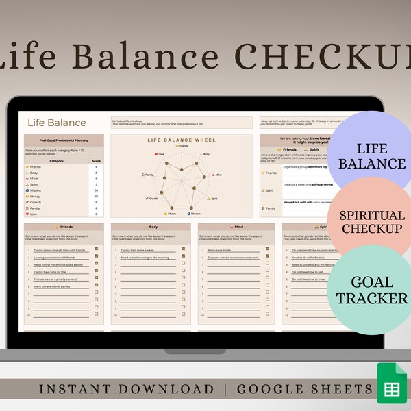 LIFE BALANCE CHECKUP Spiritual Analysis Goal Planner Work-Life Balance Retreat Planner Template Improvements Productivity Google Sheet Wheel