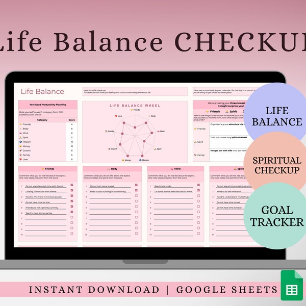 LIFE BALANCE CHECKUP Spiritual Analysis Goal Planner Work-Life Balance Retreat Planner Template Improvements Productivity Google Sheet Wheel