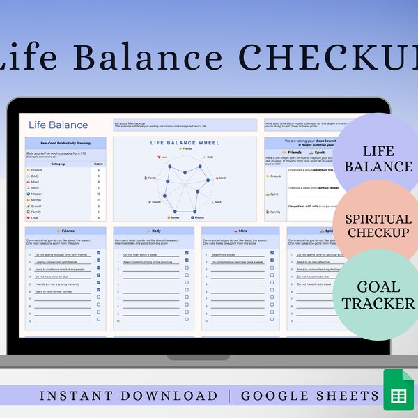 LIFE BALANCE CHECKUP Spiritual Analysis Goal Planner Work-Life Balance Retreat Planner Template Improvements Productivity Google Sheet Wheel
