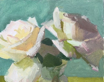 Original Oil Painting of White Roses, Uniquely Handcrafted Oil on Canvas, 8"x6", Fall Home Decor, Wall Art, Free Shipping in USA