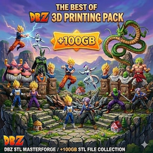 Può includere: Immagine promozionale per un pacchetto di stampa 3D DBZ. L'immagine presenta vari personaggi di Dragon Ball Z, tra cui Goku e Frieza, in pose dinamiche. Il testo "THE BEST OF DBZ 3D PRINTING PACK" è visualizzato in alto, con "+100GB" in uno striscione giallo.