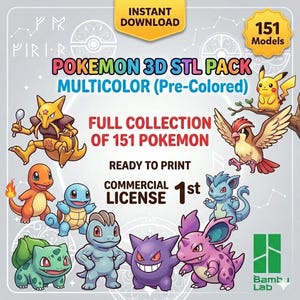 Paquete de 151 archivos STL 3D de Pokémon para impresión 3D - Miniaturas de Pokémon, archivos STL de Pokémon de alta calidad multicolor