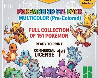 Paquete de 151 archivos STL 3D de Pokémon para impresión 3D - Miniaturas de Pokémon, archivos STL de Pokémon de alta calidad multicolor