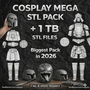 Puede incluir: Imagen promocional de un paquete de archivos STL de cosplay. La imagen presenta varios diseños de vestuario, incluyendo cascos y armaduras, junto con el texto "COSPLAY MEGA STL PACK + 1 TB STL FILES Biggest Pack in 2026". La imagen también incluye el texto "IT WILL BE UPDATED FREQUENTLY".