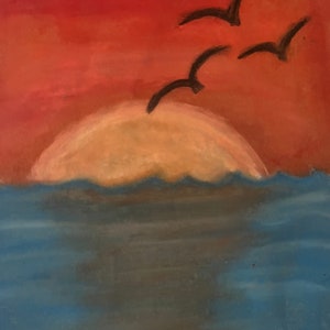 May include: A painting of a sunset over the ocean with three black birds flying in the sky. The sun is a large, round, yellow orb with a light orange glow. The ocean is a deep blue with a dark blue reflection of the sun.