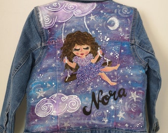 Kurtka jeansowa malowana ręcznie na zamówienie dla dziewczynek / jeansy na zamówienie