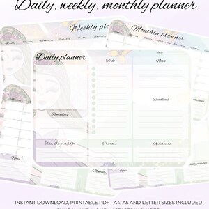 Daily Planner, Weekly Planner, Monthly Planner, Printable planner - Instant Download, A4/A5/Letter sizes - Fairy Illustration Colorful Happy