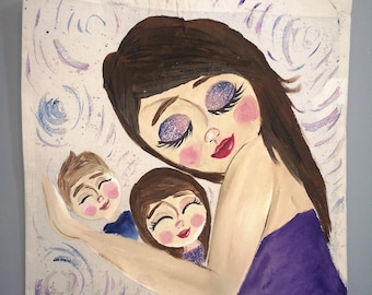 Handmålad tygväska - Illustration av mor och barn - Personligt familjekonstverk - Unik present till mammor - Miljövänlig canvasväska