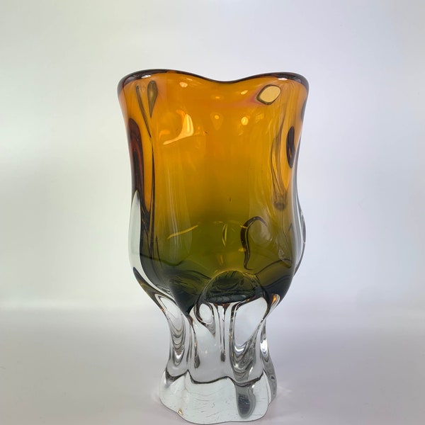 Josef Hospodka Chribska Sklo Union black & orange retro mid-Century Bohemian studio art glass vase gift for her vintage housewarming gift