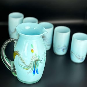 Vintage Mid-Century Modern Glass Drinks Set Cased Blown Glass Baby Blue glass jug gift pitcher drinks gift wedding housewarming anniversary