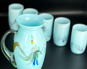 Vintage Cased Blown Glass Drink Set, Mid-Century Modern, Baby Blue Pitcher & Tumblers