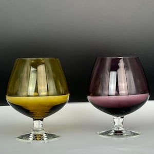 Pair Mid Century Coloured Brandy Glasses Small Colourful Vintage glass Red Yellow glass retro barware gift housewarming glass gift wedding