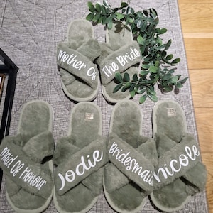 Custom Bride Slippers | Bridesmaid Gift | Bachelorette Party Gift Set | Custom Fluffy Slippers | Bridal Party Slippers sage green|white