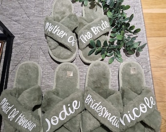 Custom Bride Slippers | Bridesmaid Gift | Bachelorette Party Gift Set | Custom Fluffy Slippers | Bridal Party Slippers sage green