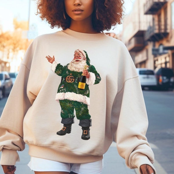 Vintage Santa Crewneck Designer Santa Fashion Santa Retro Christmas Santa Champagne Santa Sweatshirt Trending Christmas Sweatshirt